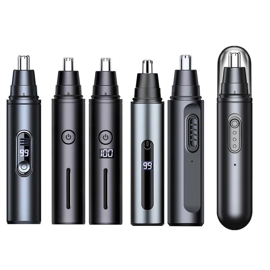 A set of five black USB rechargeable electric nose hair trimmers shown from various angles.