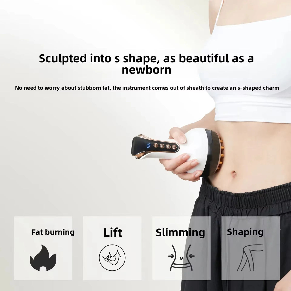 A hand holds a white cupping massager device, demonstrating its use for fat burning, lift, slimming, and shaping.