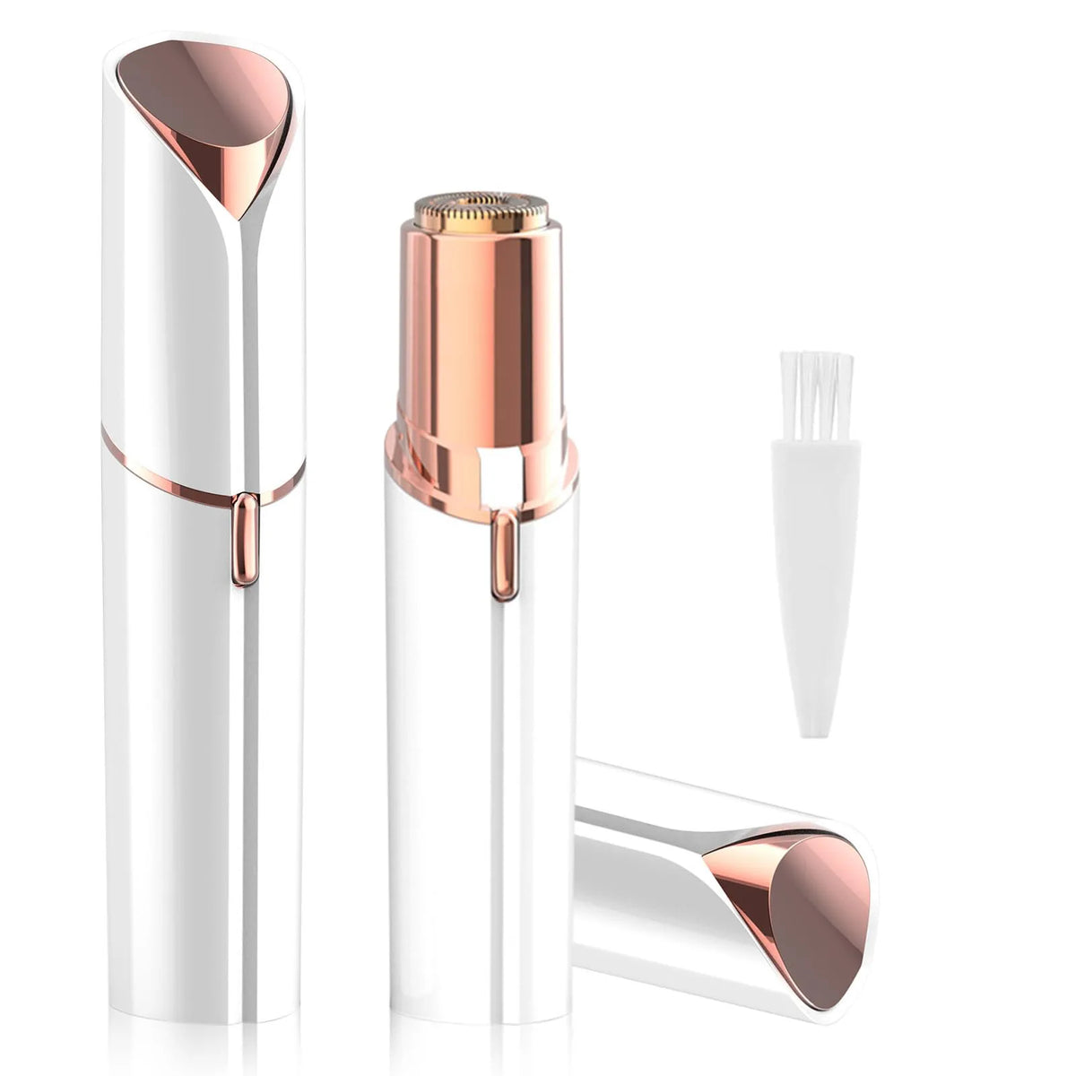 A silver and rose gold painless electric facial hair remover device with a detachable brush head.