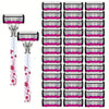 A set of stainless steel multi-layer body hair removal razors in pink and black packaging.