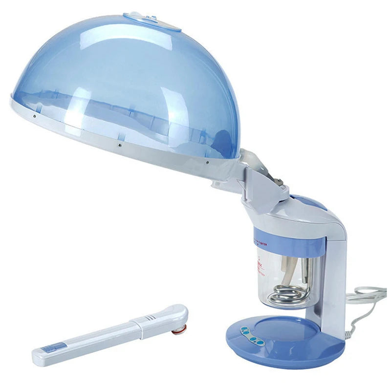 A light blue facial and hair steamer device with a dome head and a handheld wand.