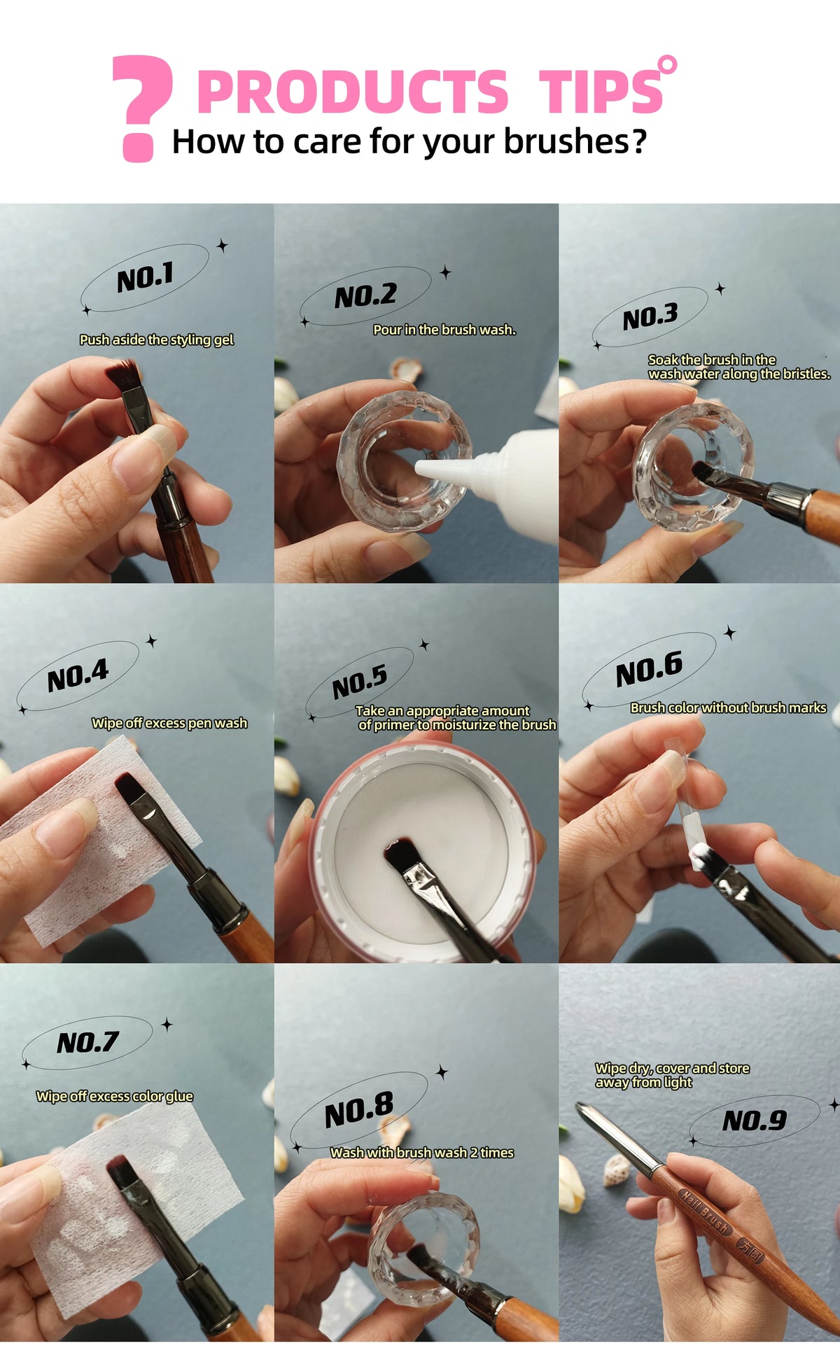 Nine steps demonstrating how to care for and clean a professional nail art brush set.