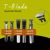 A display showing various T-blade applicable models including Qp2630, Qp2834, Qp6520, and Qp6510 razor heads.