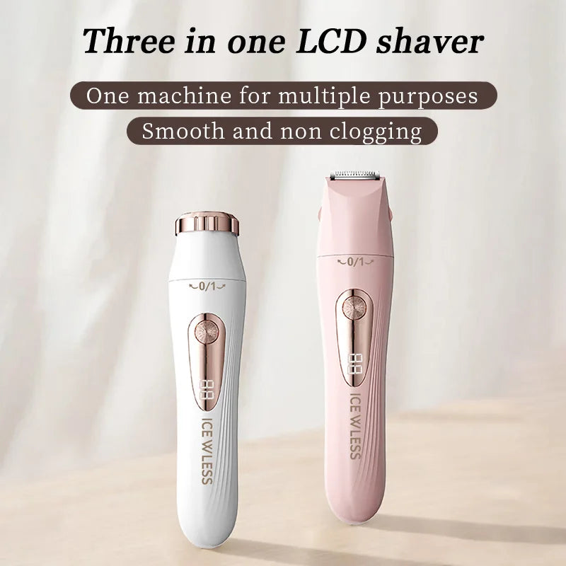 A pink and white LCD shaver shown in a vertical orientation on a light wooden surface.