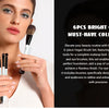 A woman holds a 6-piece bright cyan must-have collection of vegan makeup brushes for flawless application.