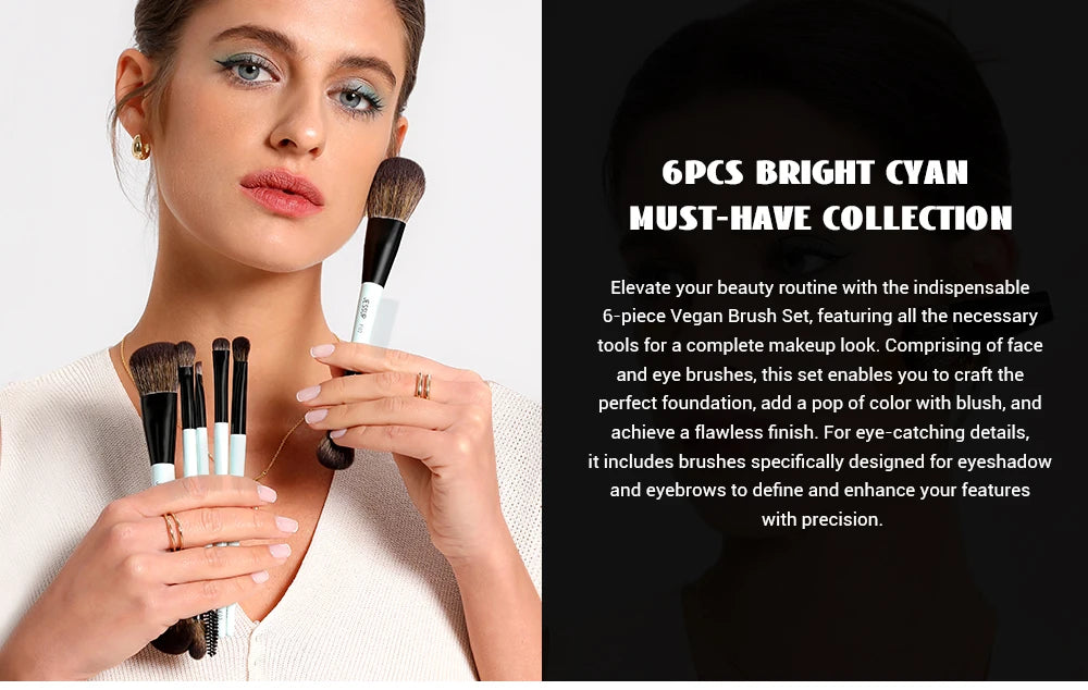 A woman holds a 6-piece bright cyan must-have collection of vegan makeup brushes for flawless application.