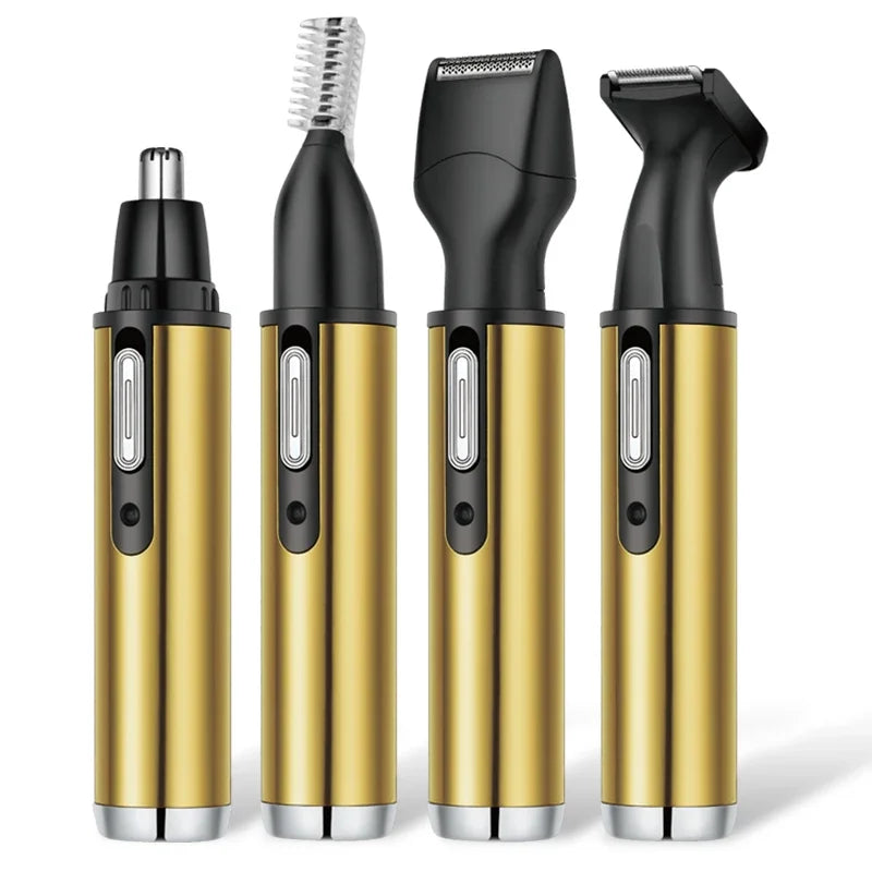 A set of four gold and black multi-functional electric hair trimmers shown standing upright.