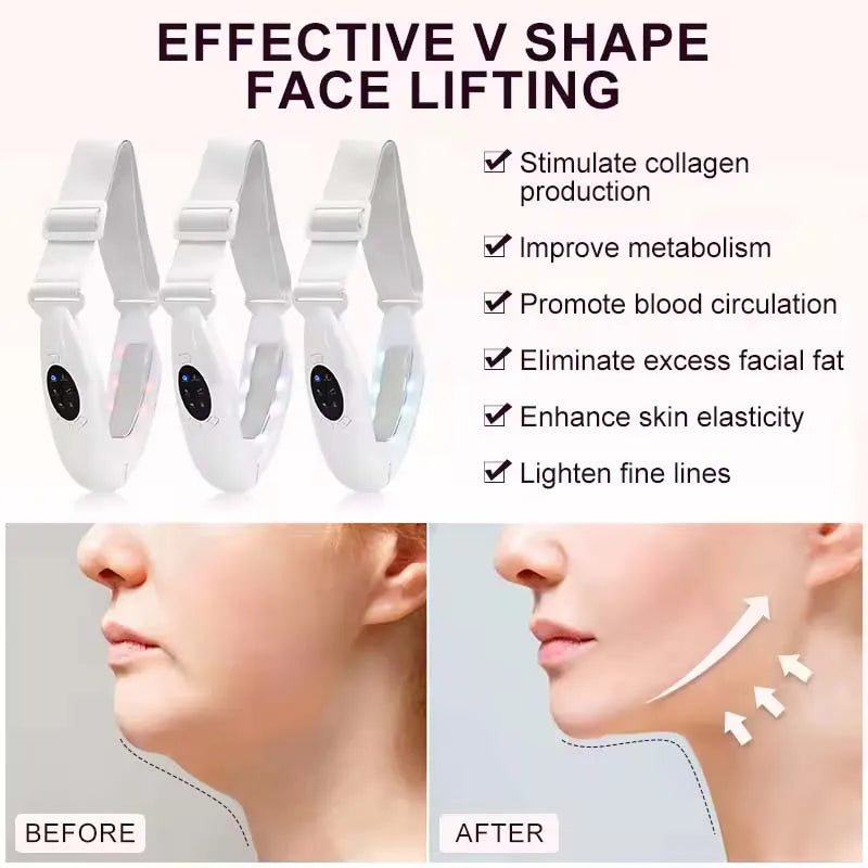 White LED facial lifting and slimming massager device shown before and after results on the face