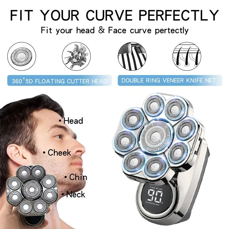 A close-up of a multi-function electric grooming kit with multiple rotating heads and a handle, shown next to a man's face.