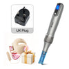 A silver Dr.pen wireless microneedling pen device with a blue light, an UK plug, and a Hello Face accessory.