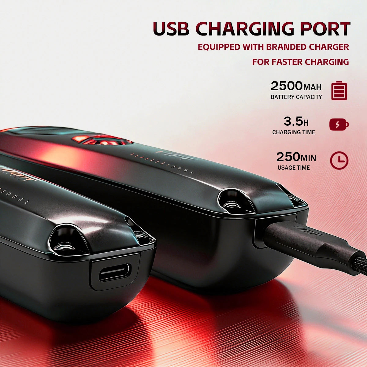 A black rechargeable hair clipper trimmer with a USB charging port is shown on a red surface.