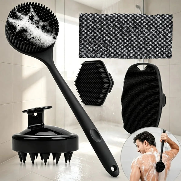 A black long handle silicone body brush is shown alongside various shower and bath grooming tools.