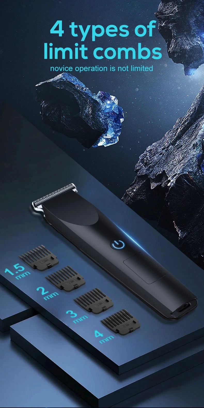 A black electric trimmer is shown with four different guard attachments, set against a dark, icy background.