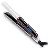 A white and black professional negative ion hair straightener and curling iron device.