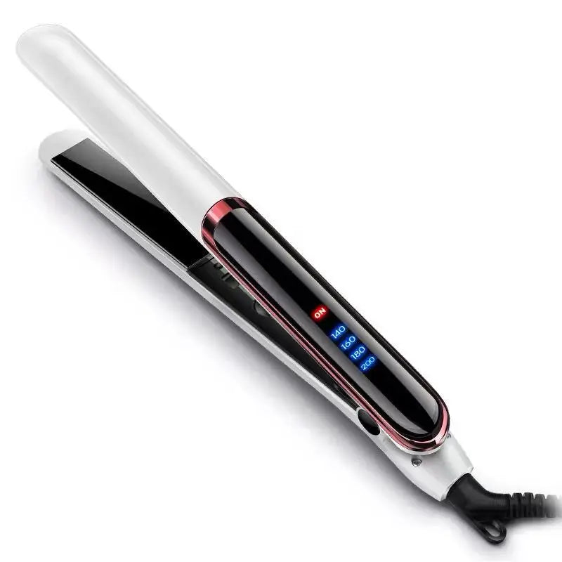 A white and black professional negative ion hair straightener and curling iron device.