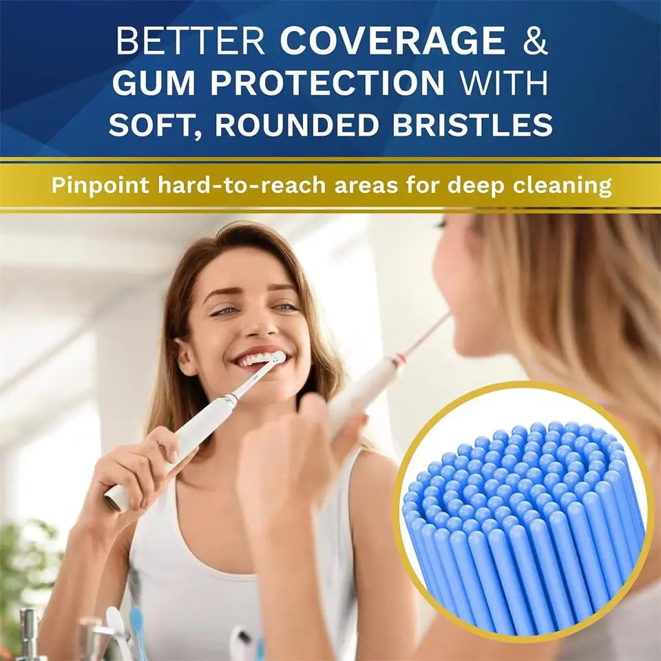 Close-up of a woman using blue replacement brush heads for deep cleaning in a bathroom setting.
