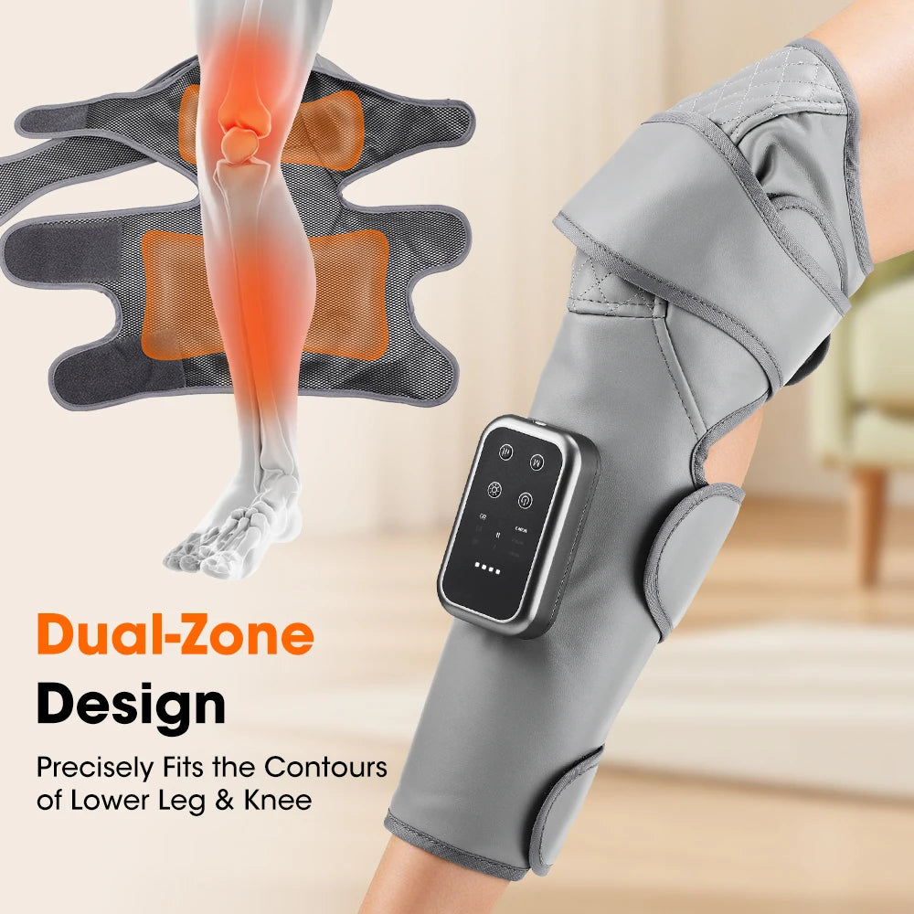 A gray dual-zone massager is shown being used on a person's lower leg and knee.