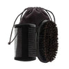 A black boar bristle beard brush and comb set with a drawstring gift bag.