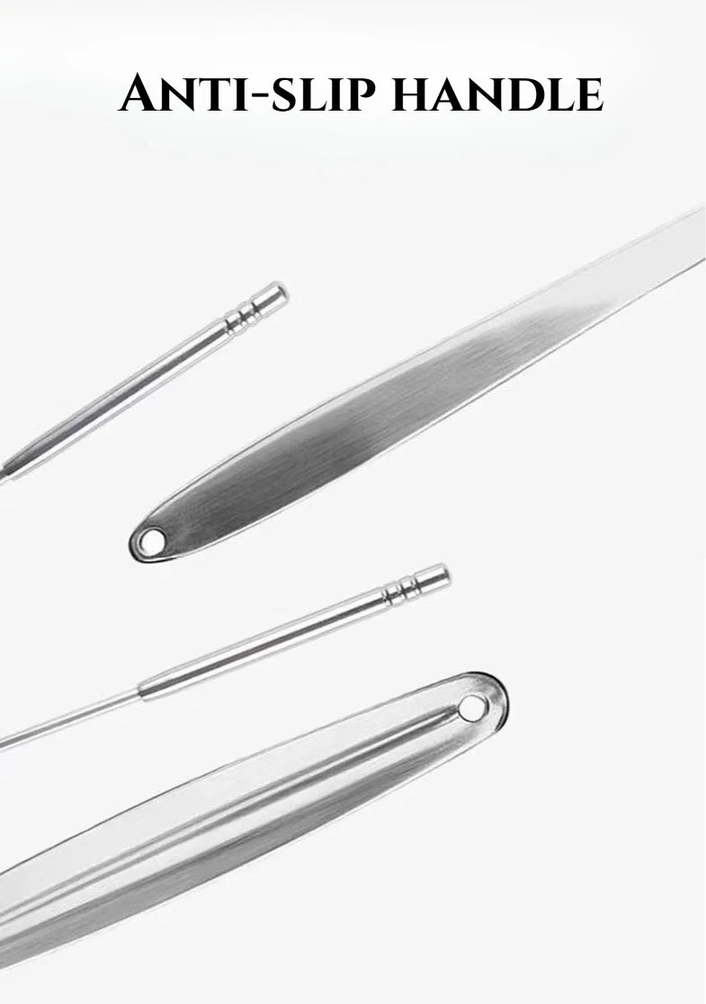 A set of three stainless steel anti-slip handles for scraping the tongue.