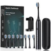 A box and various black electric toothbrushes with bristles displayed on a white background.