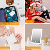LED rechargeable travel makeup mirror with 10x magnification shown in use and on a desk.