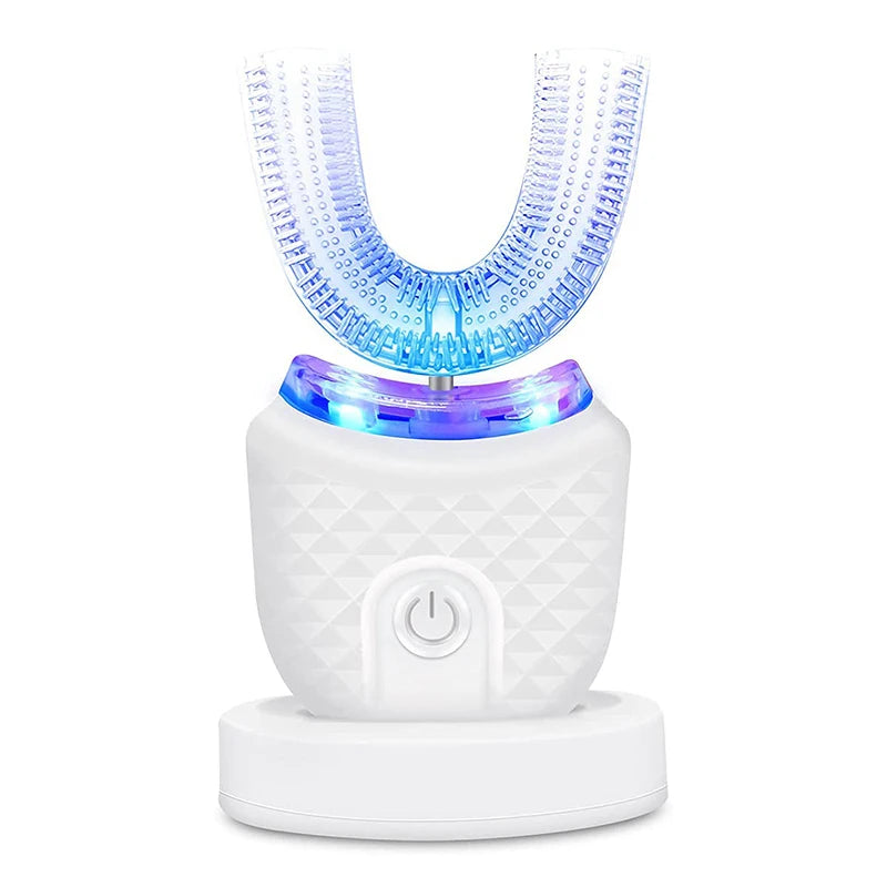 A white ultrasonic electric toothbrush with a blue vibrating head and charging base.
