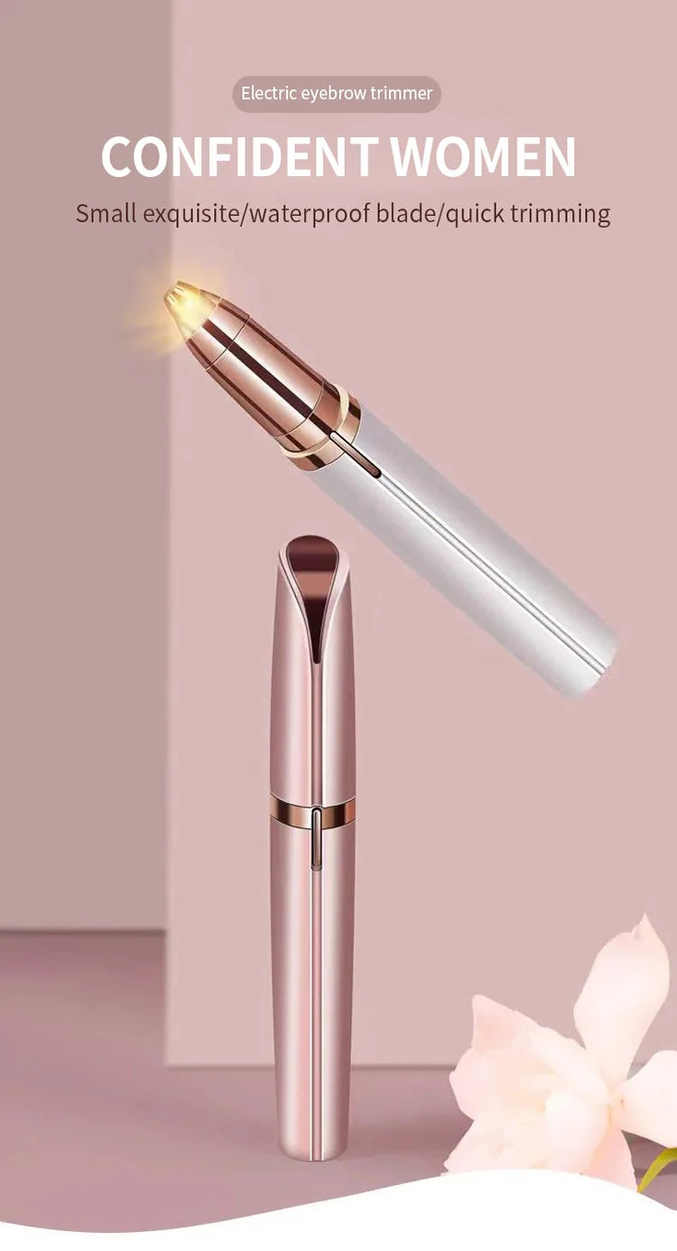 A pink electric eyebrow trimmer is shown with a close-up of the trimmer head and the full device standing upright.