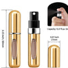 A gold-colored mini refillable perfume atomizer bottle with a black spray top and a glass insert.
