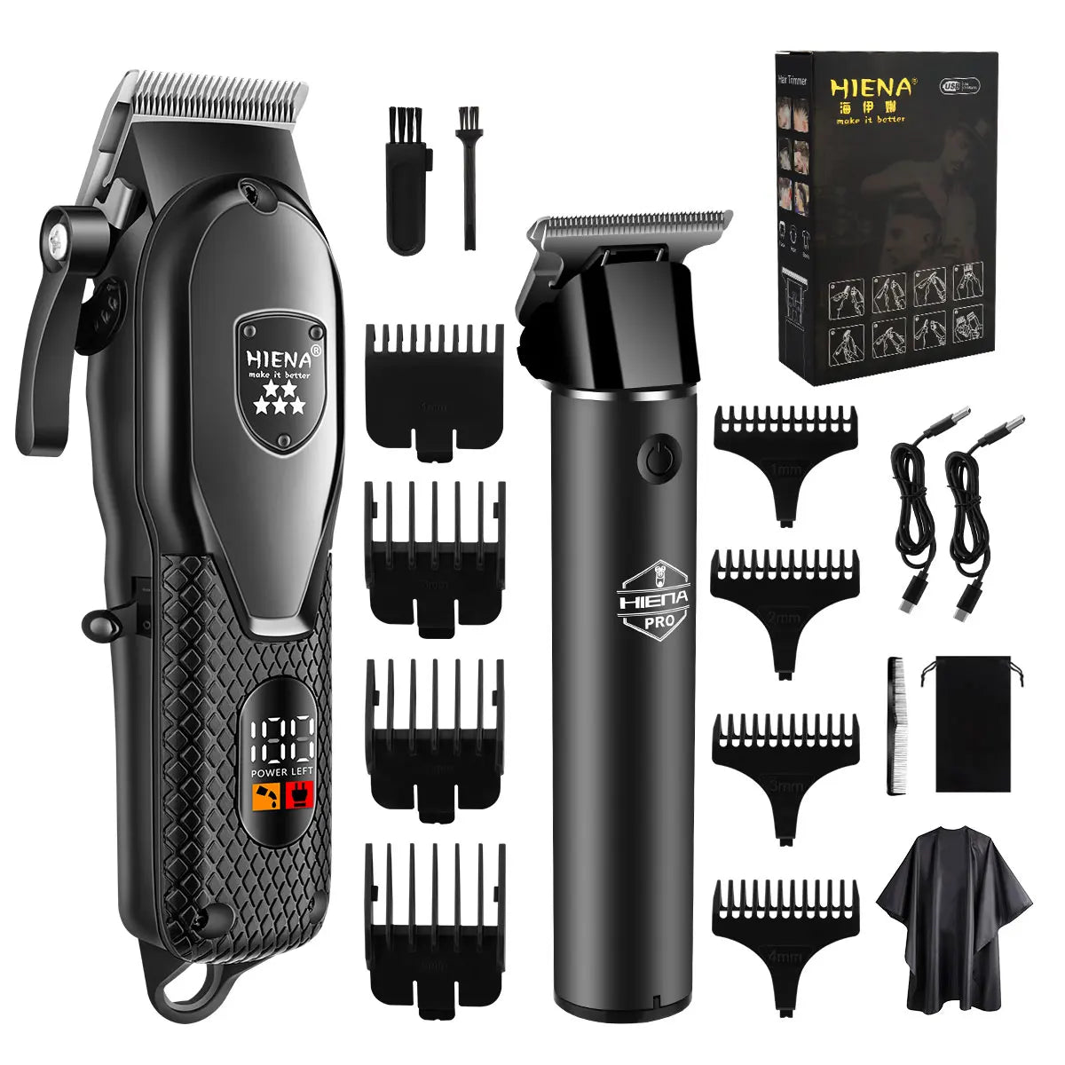A black professional electric hair trimmer kit showing various attachments and the main unit.