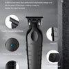 A black electric hair clipper grooming kit with a soft curved body and various features shown on a dark surface.