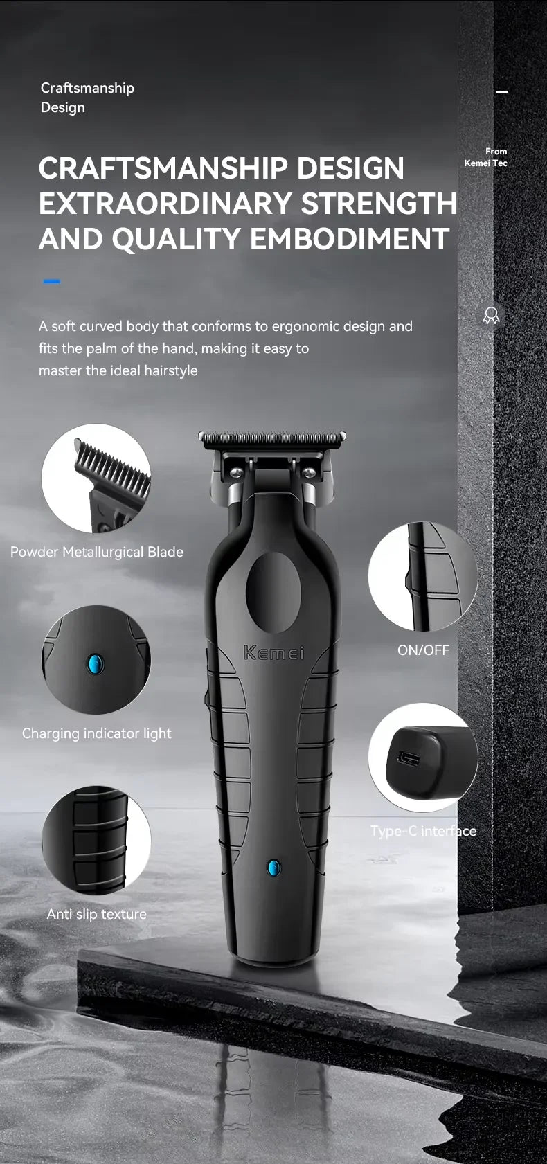 A black electric hair clipper grooming kit with a soft curved body and various features shown on a dark surface.