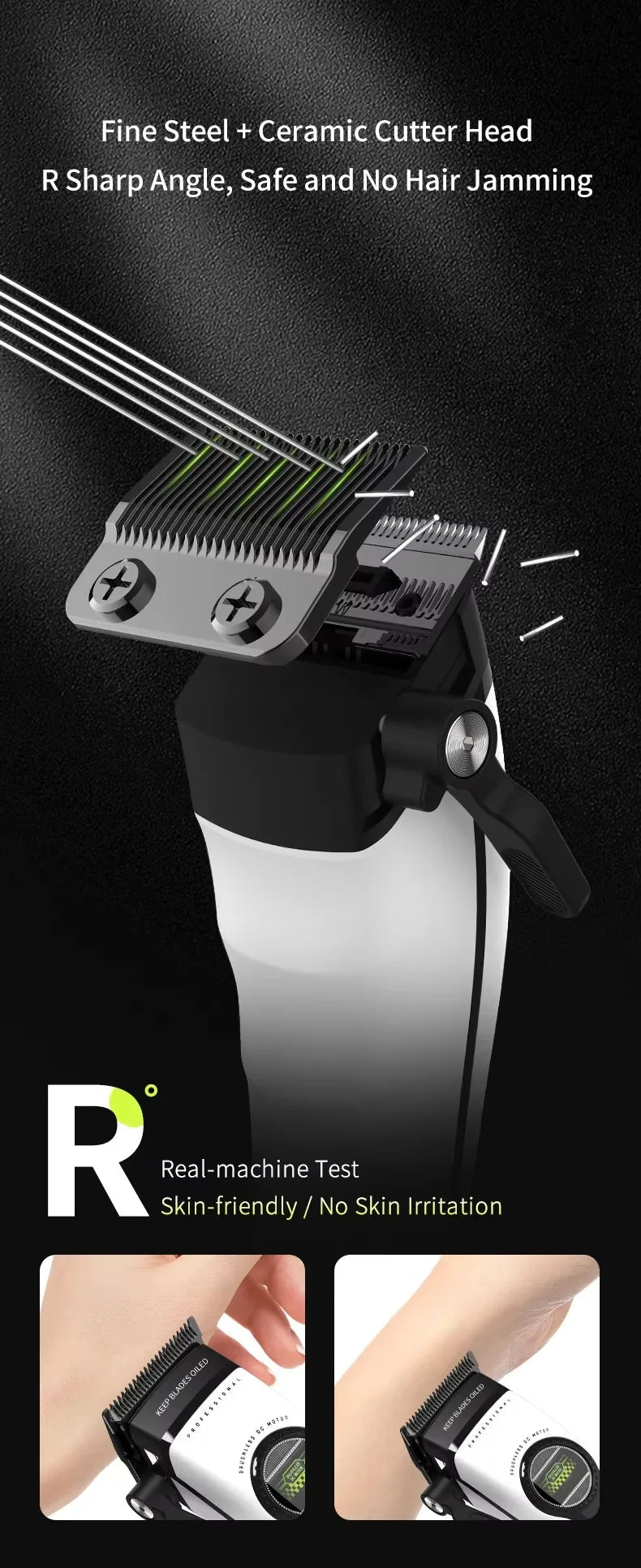 Close-up of a fine steel and ceramic cutter head attachment for an electric hair clipper.