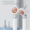 A white smart ear canal detector with a rotating test head and accessories displayed on a blue stand.