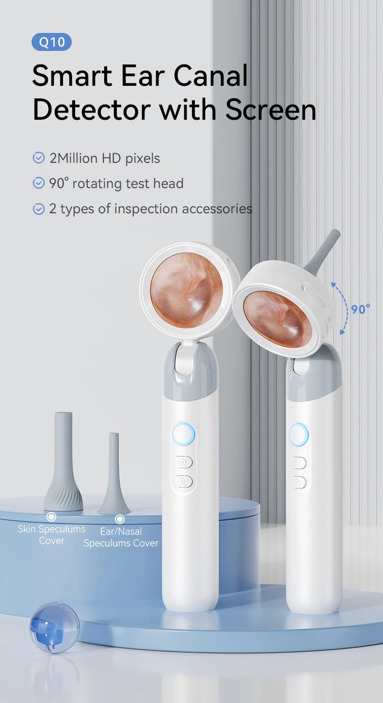 A white smart ear canal detector with a rotating test head and accessories displayed on a blue stand.