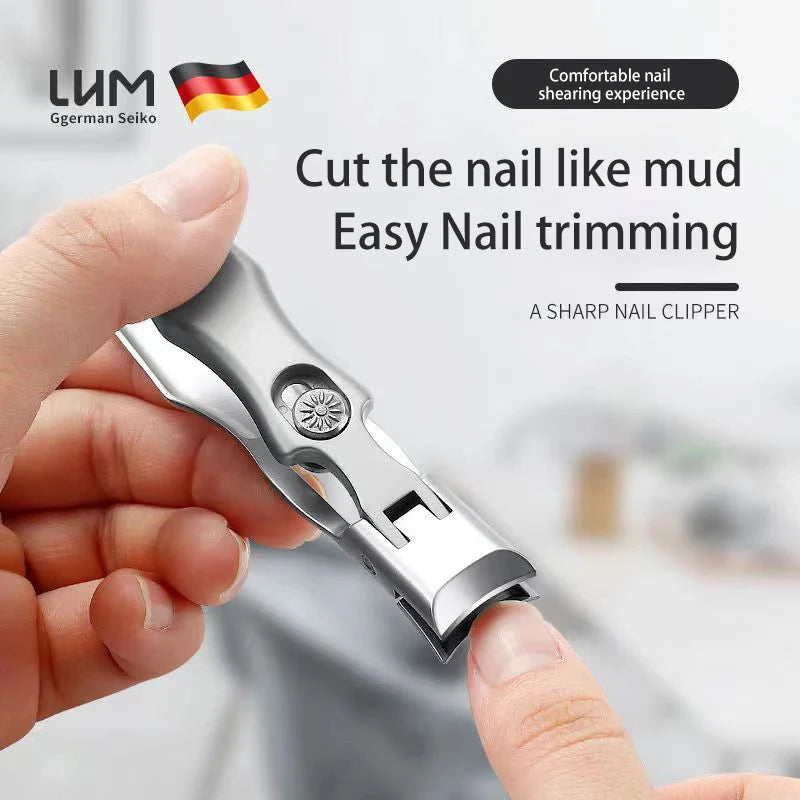 A hand holds a heavy duty stainless steel nail clipper, demonstrating its use for easy nail trimming.
