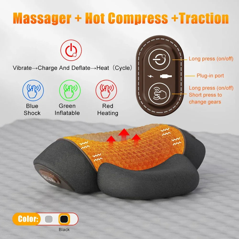 A black therapeutic neck massager device with an orange and yellow heating pad placed on a gray surface.