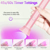 Pink timer tetting nail lamp showing various nail treatments like adhesive, sealer, and nail gels