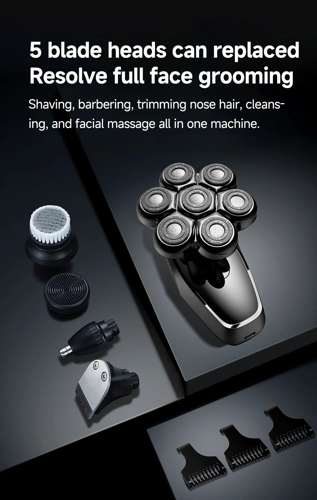 A close-up view of a black electric grooming device with five interchangeable blade heads resting on a dark surface.