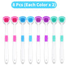 Eight reusable tongue scrapers in various colors, including pink, blue, purple, and green.