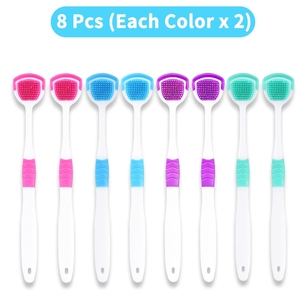 Eight reusable tongue scrapers in various colors, including pink, blue, purple, and green.