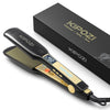 A black KIPOZI professional titanium flat iron hair straightener with a gold accent is shown next to its packaging box.