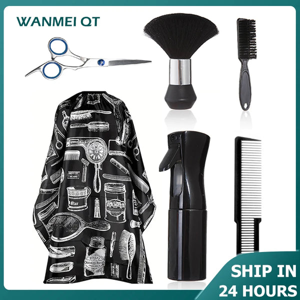A set of professional hairdressing tools including a shawl, brushes, combs, and styling instruments.