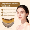 A woman is shown using a wooden lymphatic contour face brush with a natural skin tone.