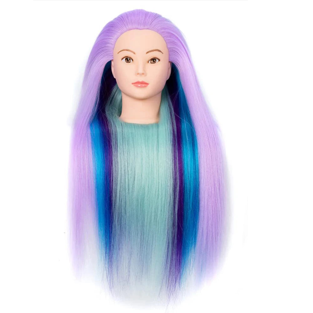 Professional cosmetology mannequin head with long hair featuring purple, blue, and teal ombre colors.