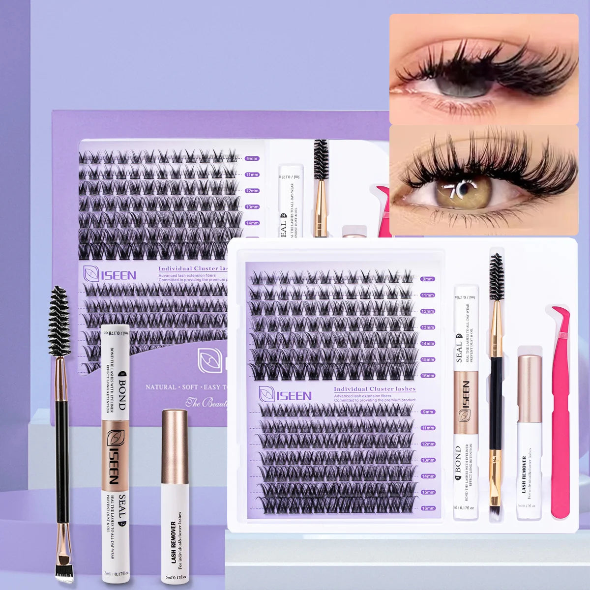 A kit for DIY soft volume eyelash cluster extensions showing various lash styles and tools.