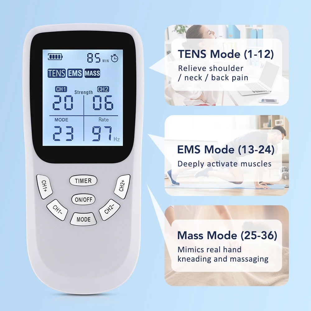 A white multi-mode electric muscle stimulator device showing various modes like TENS, EMS, and Mass.
