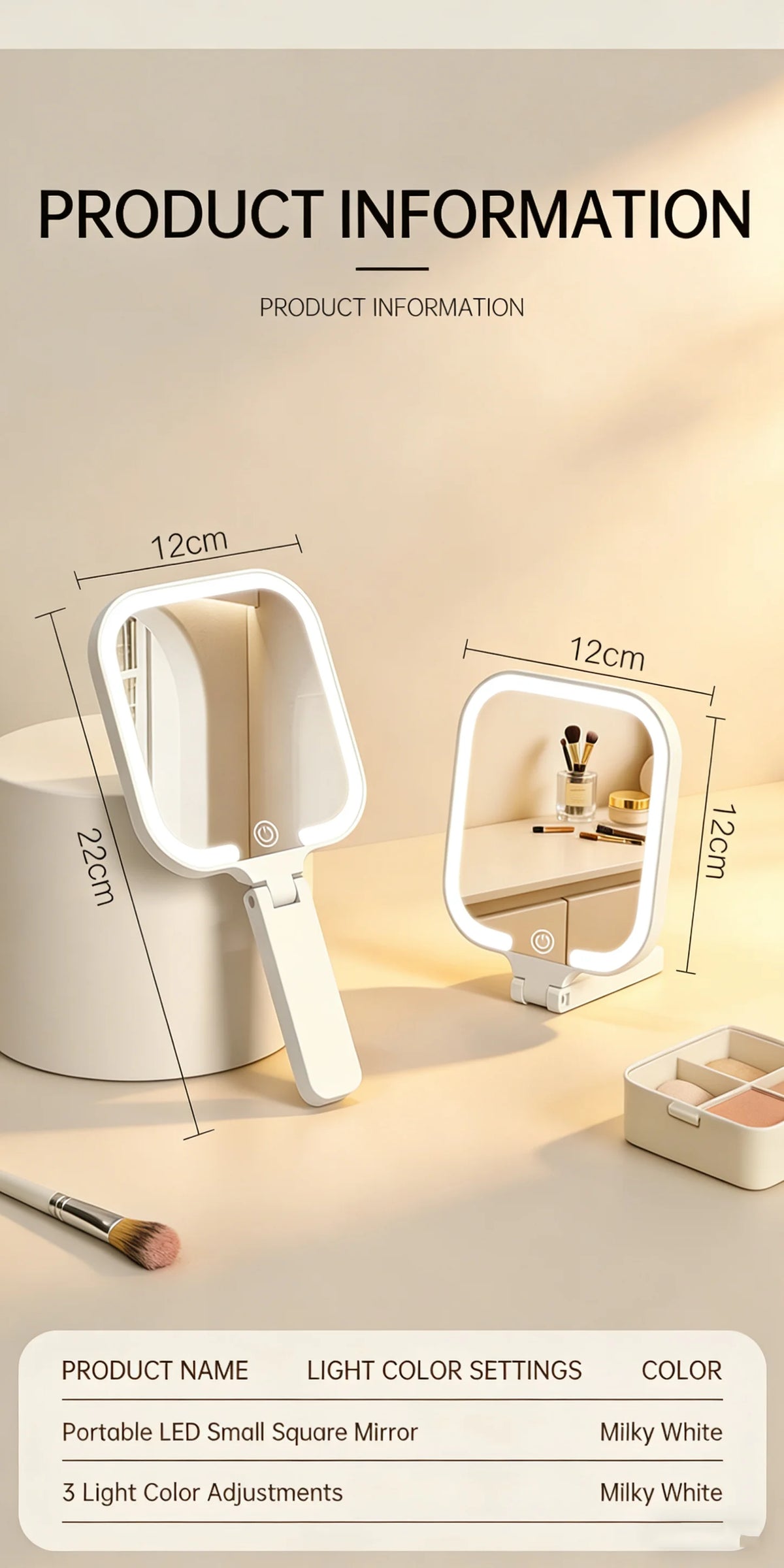 A portable LED square mirror with adjustable light color settings shown on a table.