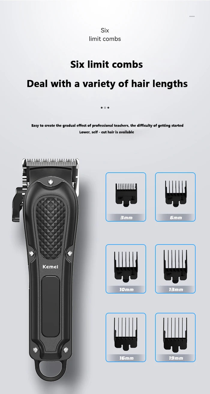 A black professional rechargeable beard and hair trimmer with various guard attachments.