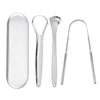 Stainless steel tongue scrapers for oral hygiene including a flat scraper and a curved scraper