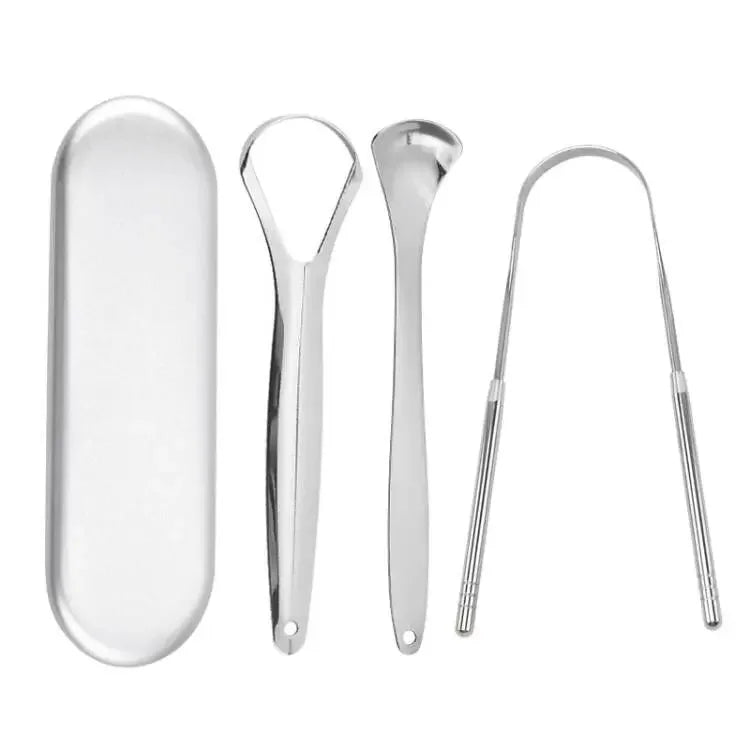 Stainless steel tongue scrapers for oral hygiene including a flat scraper and a curved scraper